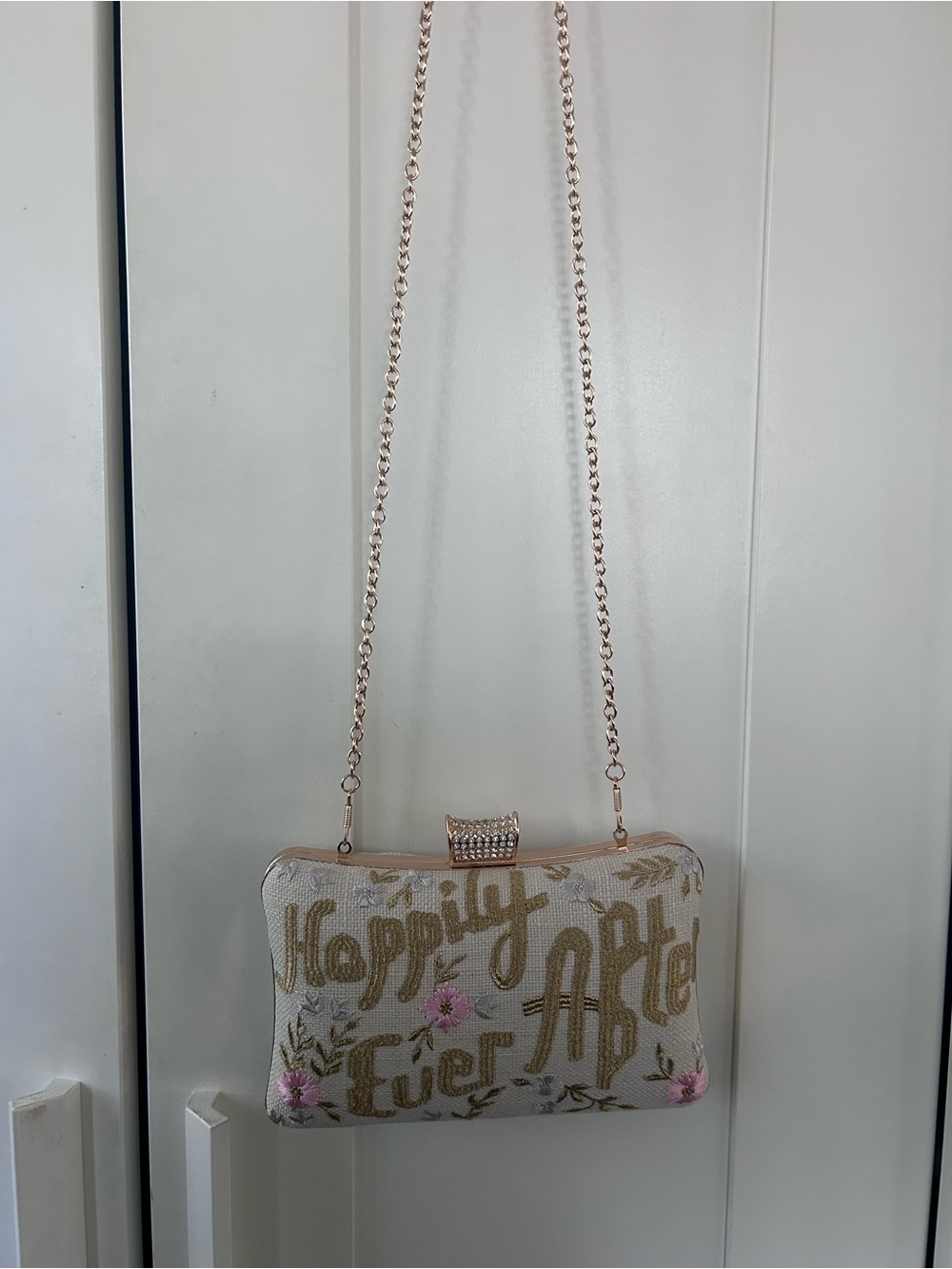 Women’s White Embellished Crossbody Clutch with Gold Chain